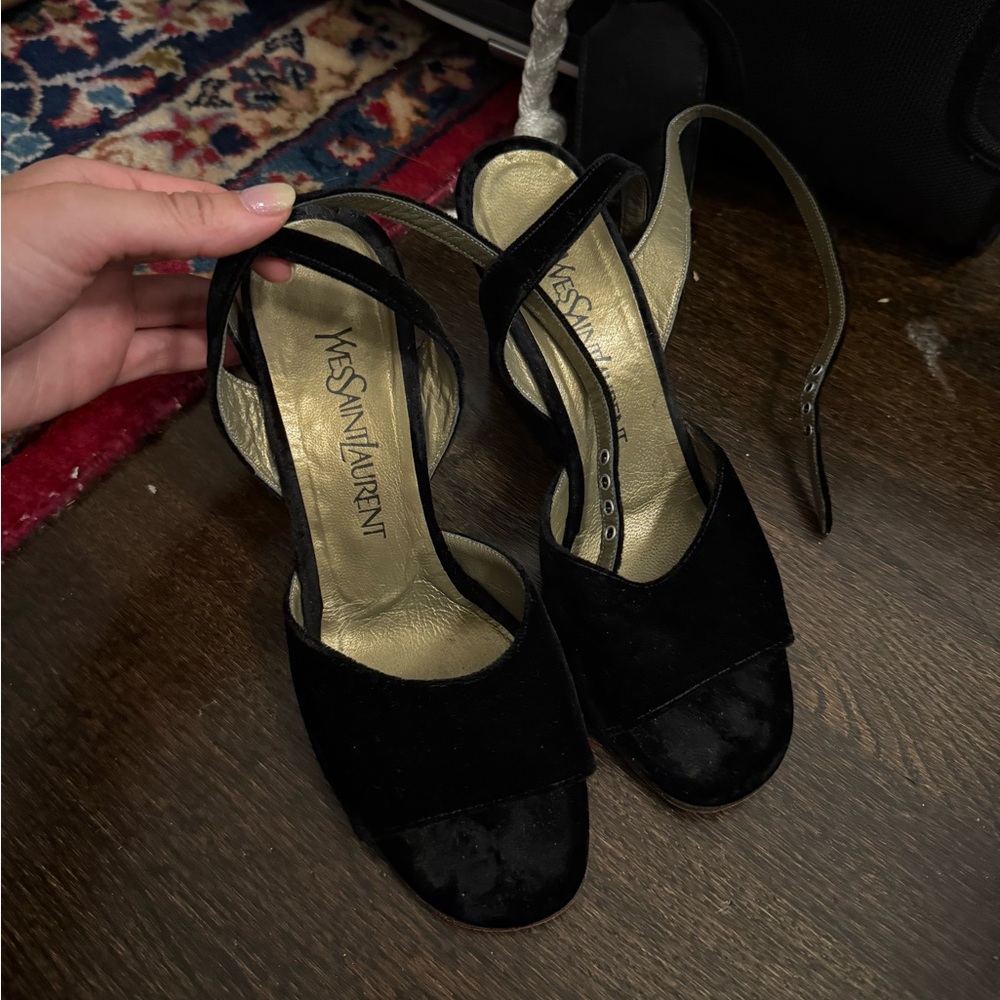 Yves Saint Laurent Black Block Heel Velvet Sandals